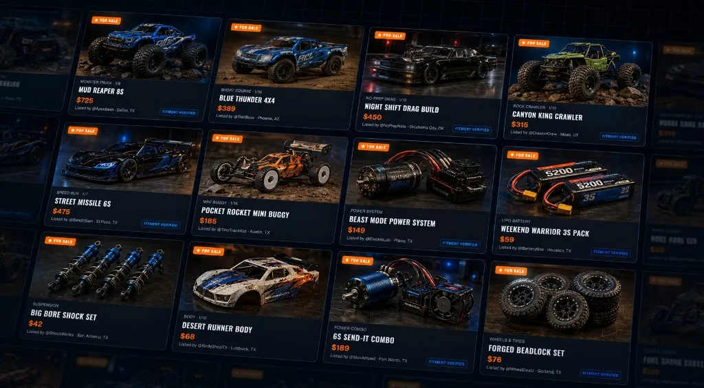 RC community marketplace listings for complete builds, electronics, and parts